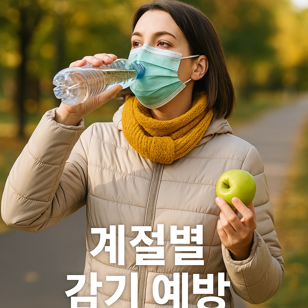 마스크를 쓴 여성이 물을 마시며 면역력 관리를 하는 장면