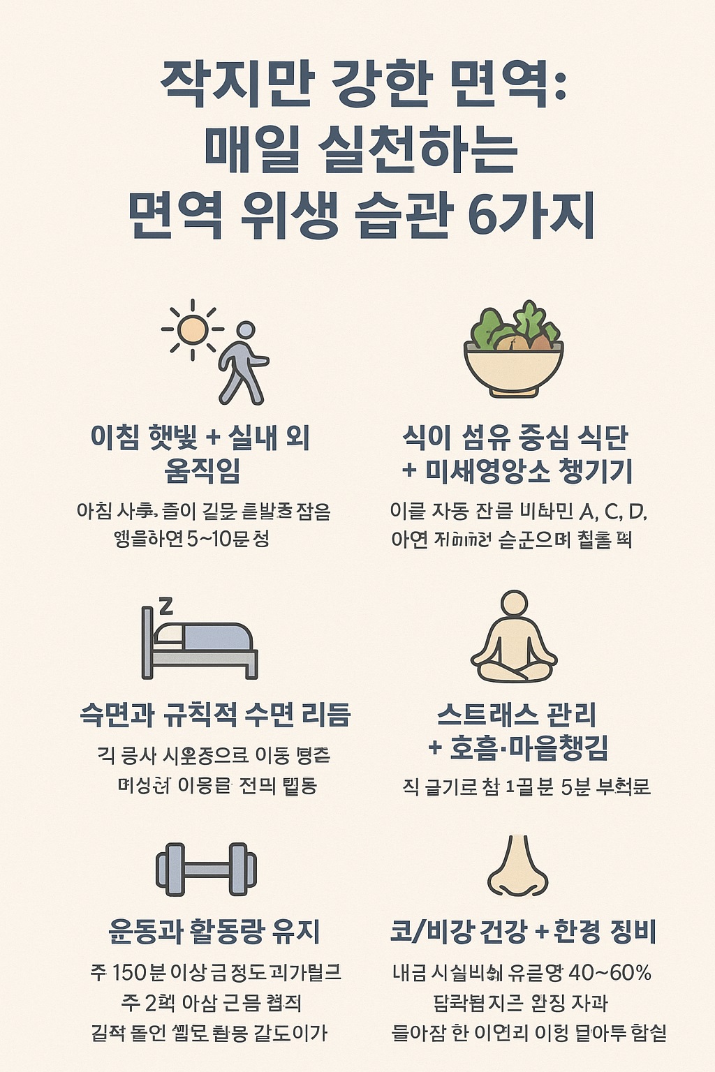 작지만 강한 면역 매일실천하는 면역 위생 습관 6가지 1. 아침햇빛 실내외 움직임 2. 식이섬유중심 식단+미세영양소 챙기기 3. 숙면과 규칮겆 수면리듬 4 스트레스관리+호흡마음챙김 5. 운동과 활동량 유지 6. 코/비강 건강+환경정비